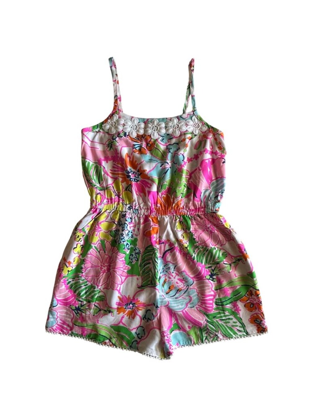 Lilly Pulitzer Girls Floral Romper With Pom Trim Size Large (10/12) 100% Rayon